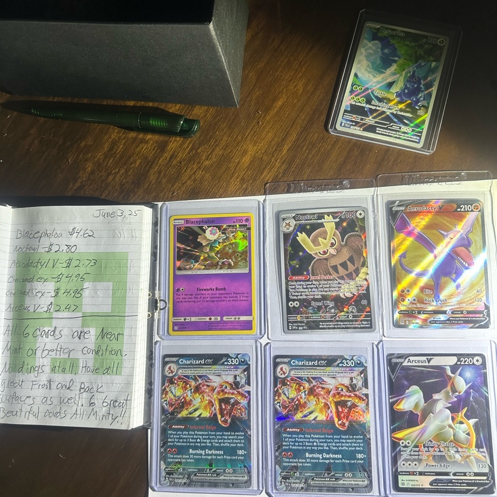 Pokémon cards-charizard-arceus-aerodactyl-noctowl-blacephalon